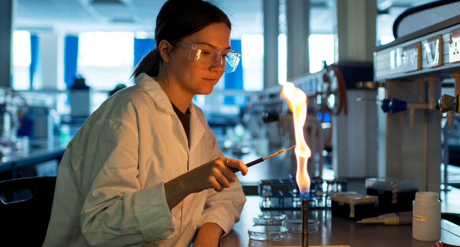 A researcher wearing goggles, using a bunsen burner