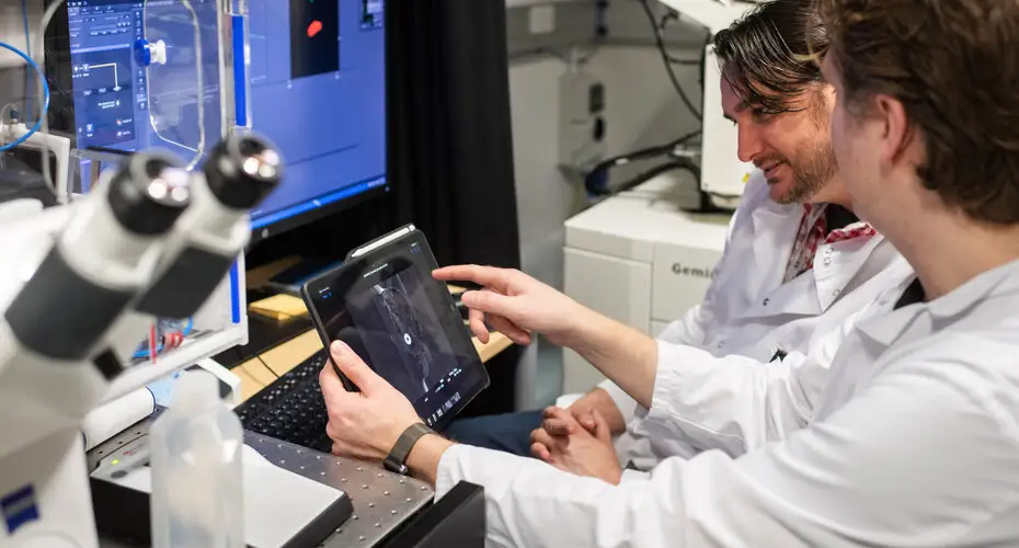 Two researchers working in the Biosciences lab